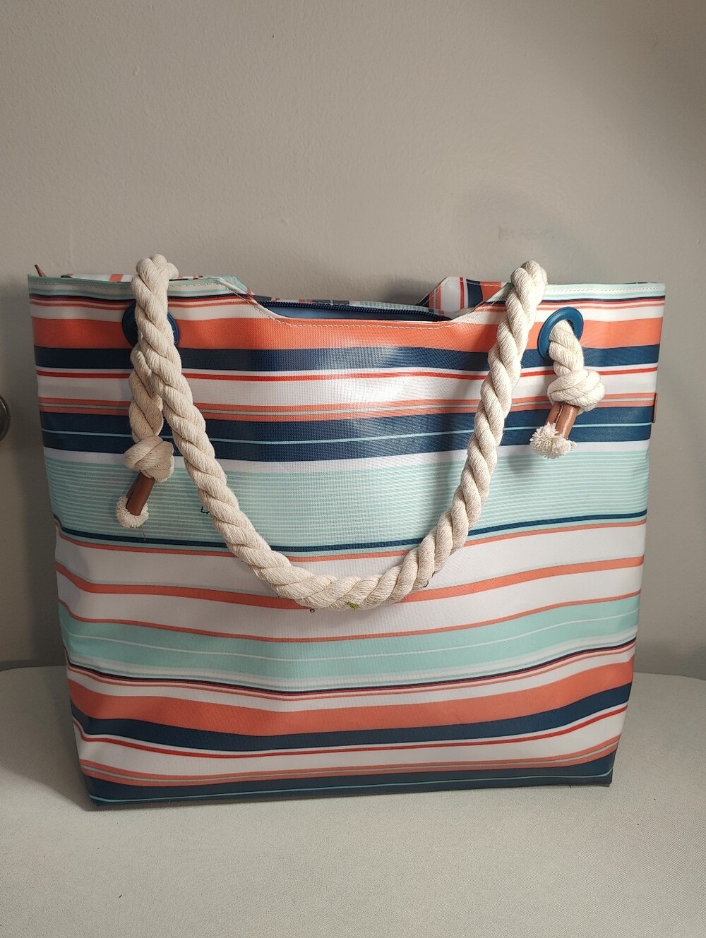 Striped Rope-Handle Beach Tote in Coral, Teal & Navy